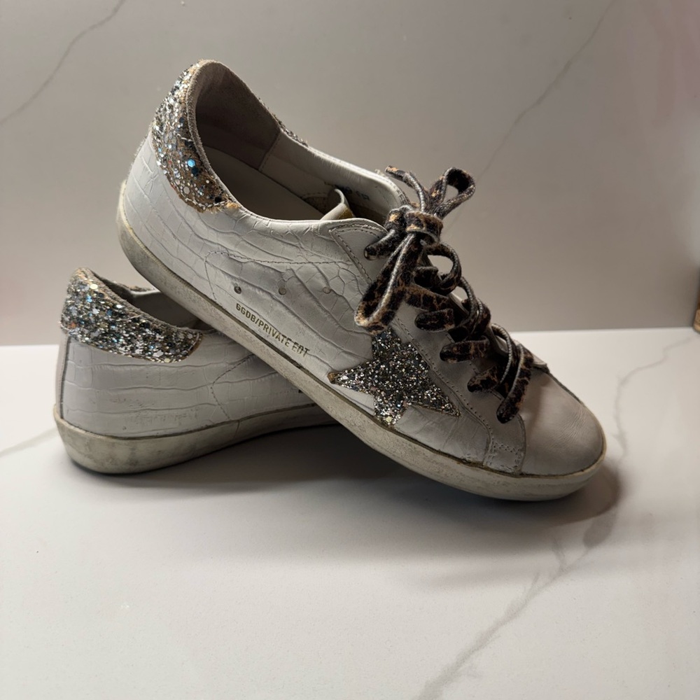 Golden Goose White and Silver Sneakers with Leopard Laces